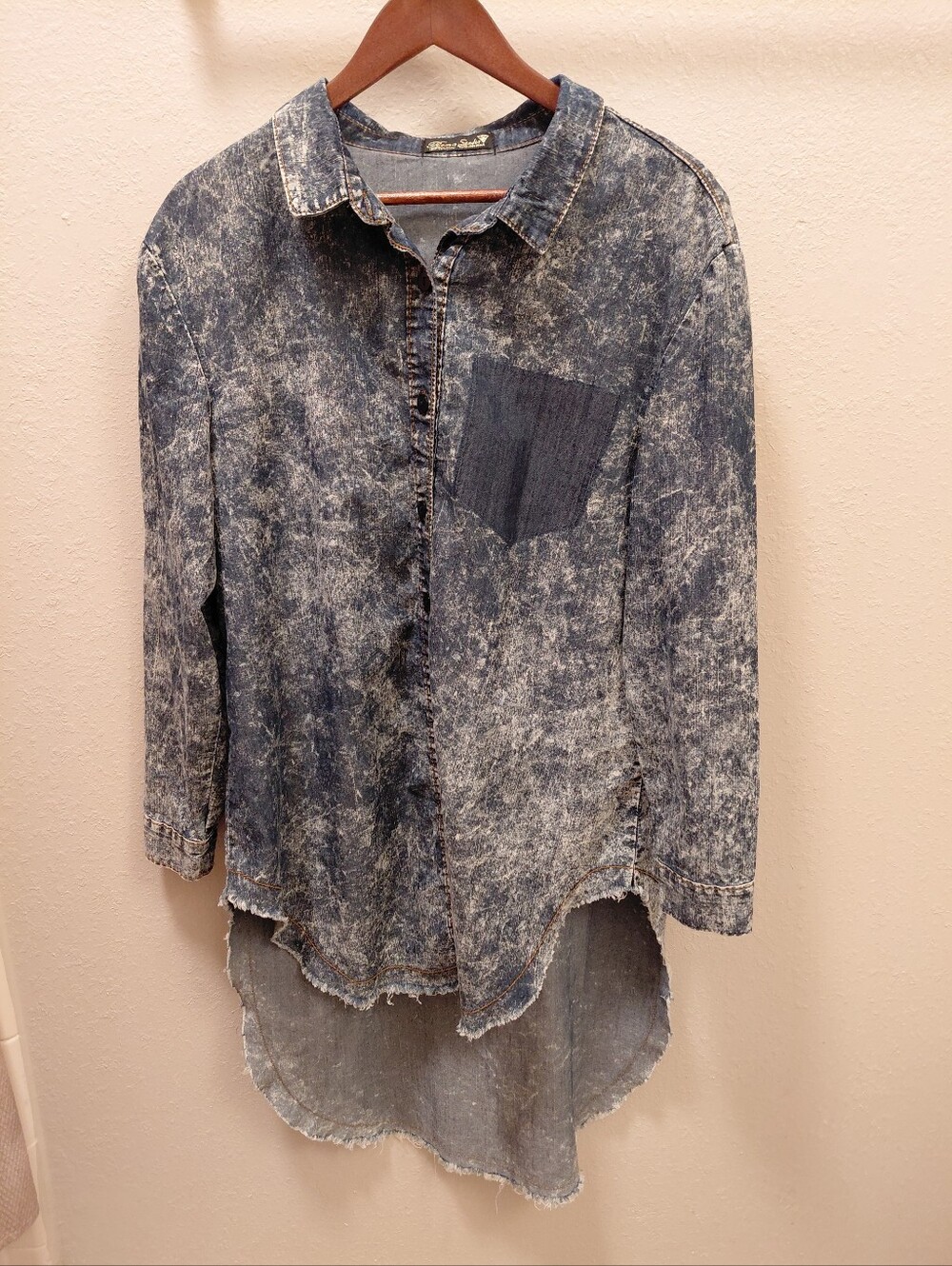 Acid Wash Long Denim Shirt with Chest Pocket - Blue Size M/S.